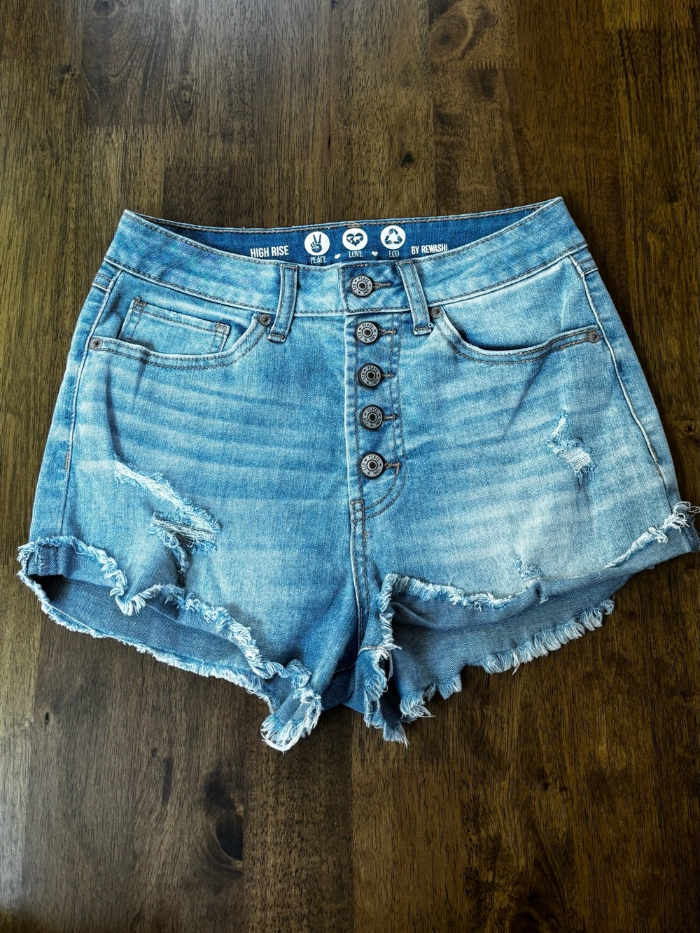 Rewash Light Blue High Rise Button-Front Distressed Denim Shorts